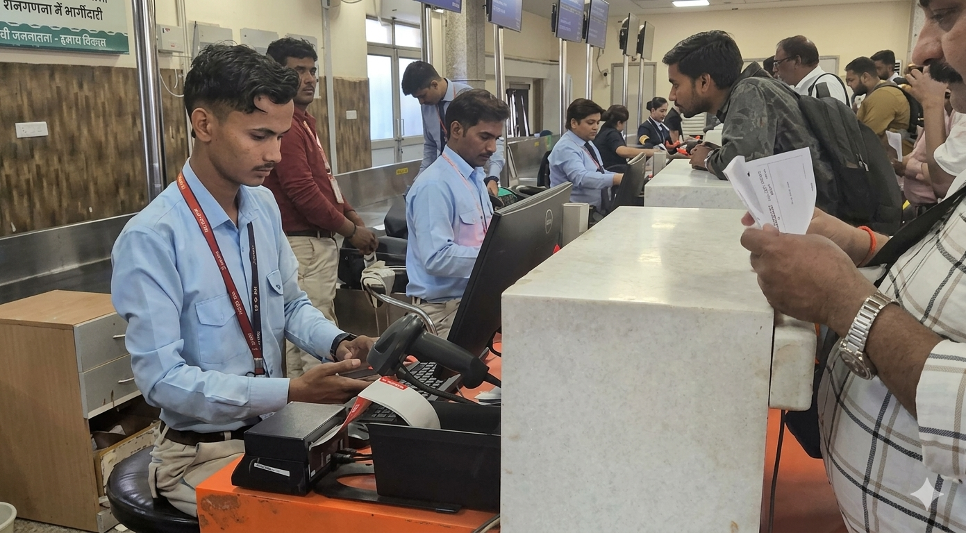 VIMANA staff at airport check-in counters assisting passengers
