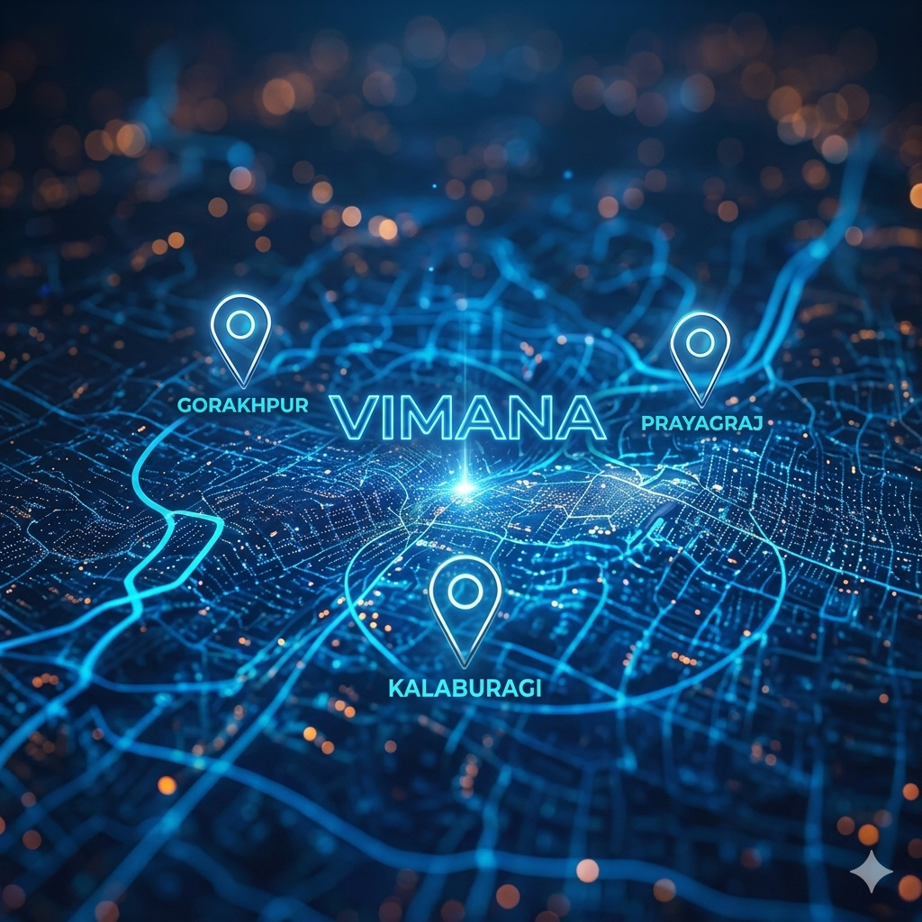 VIMANA operations map showing locations at Gorakhpur, Prayagraj, Kalaburagi and Lucknow airports